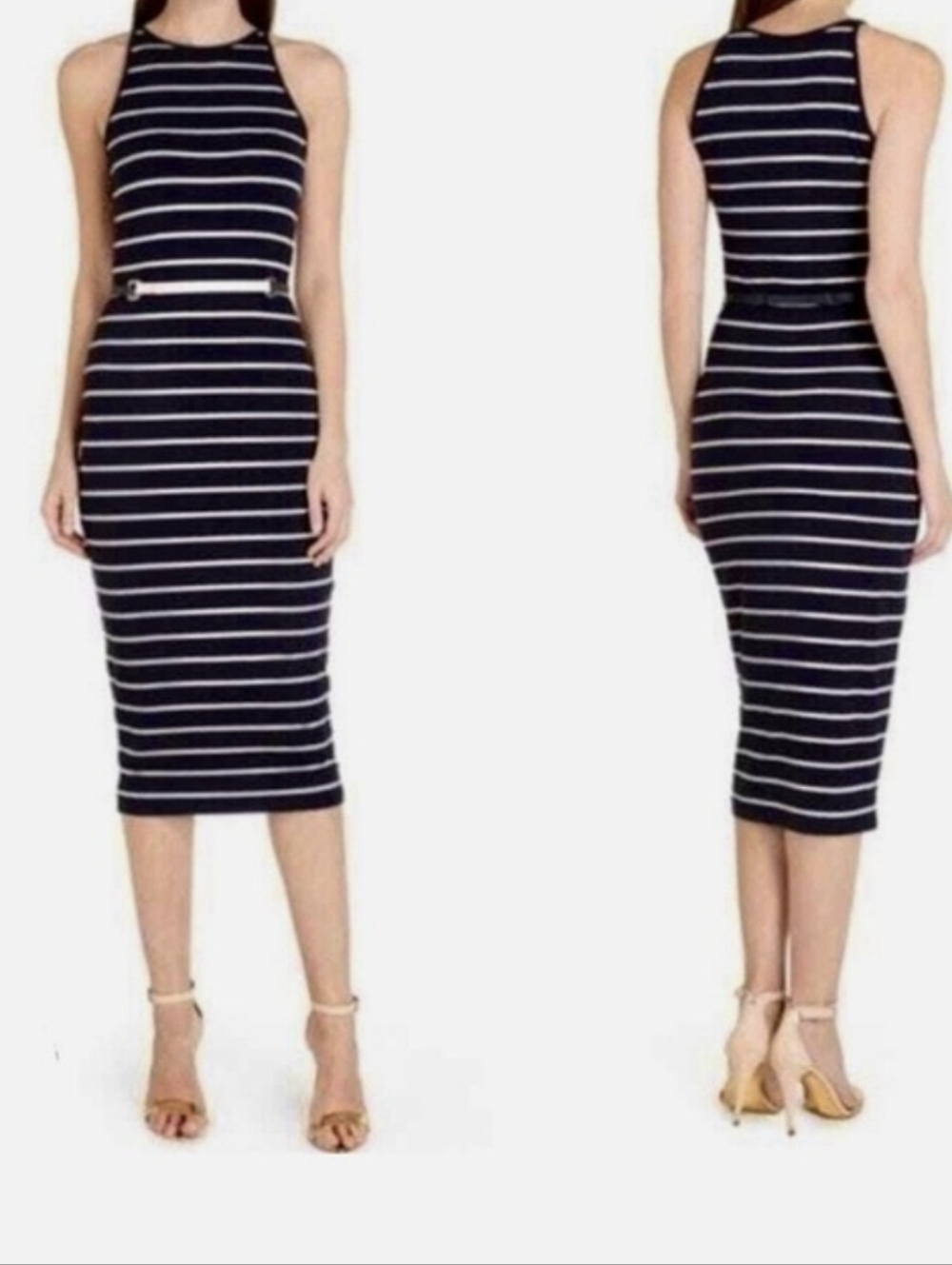 Ted Baker Black and White Striped Midi Dress With Belt 0